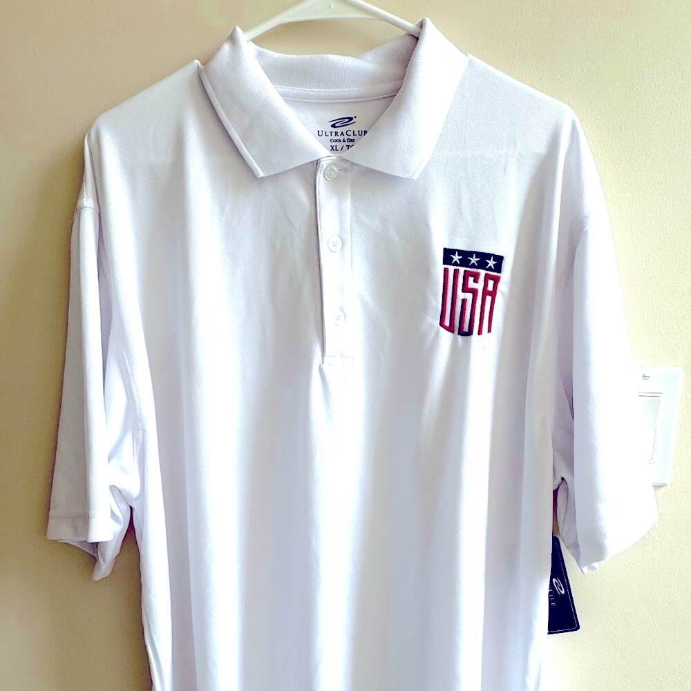 Mens Patriotic USA Stars XL White Polo Ultra Club DryFit NWT